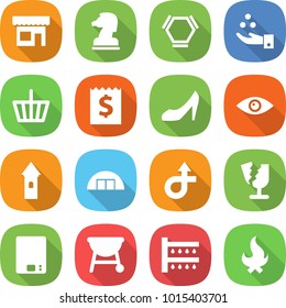 Flat Vector Icon Set - Shop Vector, Chess Horse, Hex Molecule, Chemical Industry, Basket, Receipt, Shoes, Eye, Tower, Hangare, Trip, Broken, Kitchen Scales, Bbq, Watering, Fire