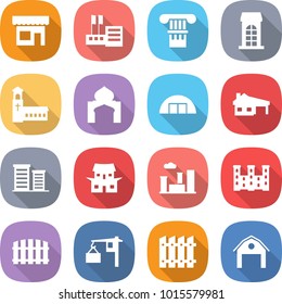 flat vector icon set - shop vector, store, column, building, church, minaret, hangare, house with garage, district, japanese, city, palace, fence, loading, barn