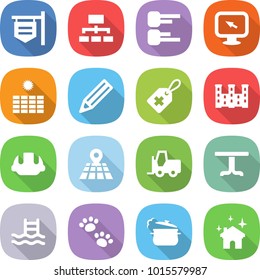 flat vector icon set - shop signboard vector, hierarchy, diagram, monitor arrow, sun power, pencil, medical label, palace, building helmet, map, fork loader, table, pool, pets, steam pan