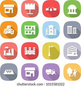 flat vector icon set - shop vector, billboard, drawbridge, goverment house, modern architecture, modular, building, district, city, palace, outdoor light, office, taxi, sweeper, garden cleaning