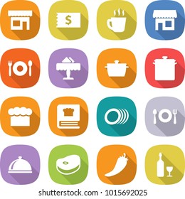flat vector icon set - shop vector, receipt, hot drink, cafe, restaurant, pan, chief hat, cooking book, plates, fork spoon plate, meal cap, steake, pepper, wine