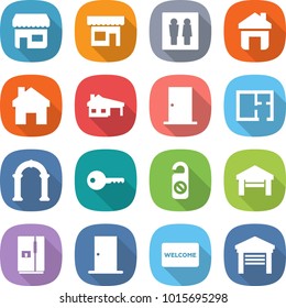 flat vector icon set - shop vector, wc, home, house with garage, door, plan, arch, key, do not distrub, fridge, welcome mat