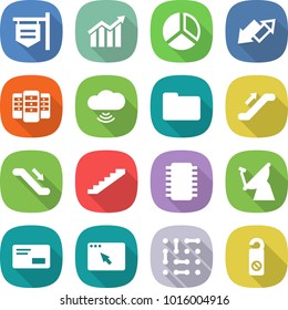 flat vector icon set - shop signboard vector, diagram, up down arrow, server, cloud wireless, documents, escalator, stairs, chip, satellite antenna, envelope, browser window, circuit, do not distrub