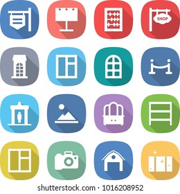 flat vector icon set - shop signboard vector, billboard, abacus, building, window, arch, vip fence, detector, landscape, dresser, rack, camera, barn, clean