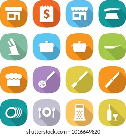 flat vector icon set - shop vector, receipt, cutting board, stands for knives, pan, chief hat, skimmer, spatula, knife, plates, fork spoon plate, grater, wine