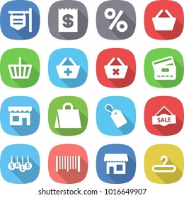 flat vector icon set - shop signboard vector, receipt, percent, basket, add to, delete cart, credit card, shopping bag, label, sale, bar code, hanger