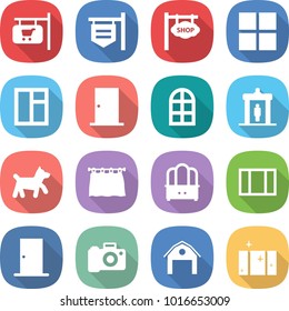 flat vector icon set - shop signboard vector, window, door, arch, detector, dog, curtain, dresser, camera, barn, clean
