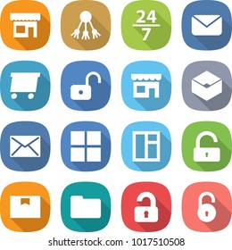 flat vector icon set - shop vector, share, 24 7, mail, delivery, unlock, box, window, package, documents, unlocked