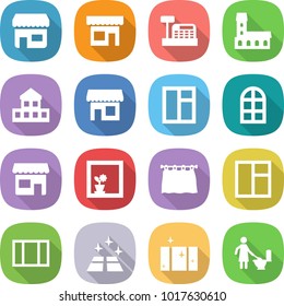 flat vector icon set - shop vector, cashbox, mansion, cottage, window, arch, flower in, curtain, clean floor, toilet cleaning