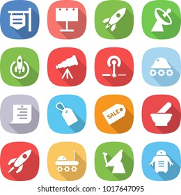 flat vector icon set - shop signboard vector, billboard, rocket, satellite antenna, telescope, laser, lunar rover, shopping list, label, sale, mortar, robot