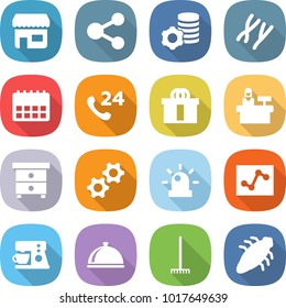 flat vector icon set - shop vector, share, virtual mining, chromosomes, calendar, phone 24, hi quality package, reception, nightstand, gears, siren, analytics, coffee maker, meal cap, rake, bug