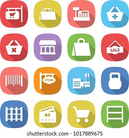 flat vector icon set - shop signboard vector, shopping bag, cashbox, add to basket, delete cart, market, sale, bar code, store, mall, heavy, pallet, credit card, rack