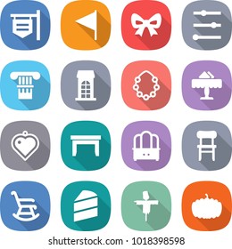 flat vector icon set - shop signboard vector, flag, bow, equalizer, column, building, hawaiian wreath, restaurant, heart pendant, table, dresser, chair, rocking, cake, scarecrow, pumpkin