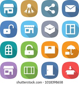 flat vector icon set - shop vector, share, mail, unlock, box, window, arch, package, insurance, door