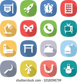flat vector icon set - shop signboard vector, rocket, alarm clock, abacus, table lamp, bow, phone, tv, church, stool, kettle, hand mill, sickle, windmill, horseshoe, apron