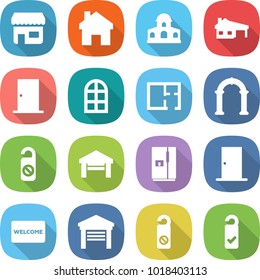 flat vector icon set - shop vector, home, mansion, house with garage, door, arch window, plan, do not distrub, fridge, welcome mat, please clean
