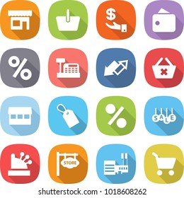 flat vector icon set - shop vector, basket, investment, wallet, percent, cashbox, up down arrow, delete cart, market, label, sale, store signboard, mall