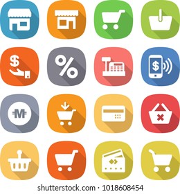 flat vector icon set - shop vector, cart, basket, investment, percent, cashbox, phone pay, crypto currency, add to, credit card, delete