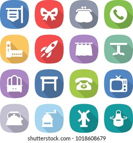 flat vector icon set - shop signboard vector, bow, purse, phone, church, rocket, curtain, table, dresser, stool, tv, kettle, hand mill, windmill, apron