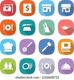 flat vector icon set - shop signboard vector, receipt, cafe, cutting board, stands for knives, pan, cook hat, skimmer, meat hammer, cooking book, salt pepper, plates, fork spoon plate, meal cap