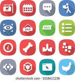flat vector icon set - shop signboard vector, calendar, message, courier, eye identity, sale, list, info, bone, castle, blocks, connect, 3d, browser window, chicken