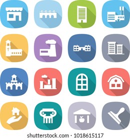 flat vector icon set - shop vector, bridge, skyscraper, mall, church, factory, school, district, fort, city, arch window, house, real estate, antique column, warehouse, scraper
