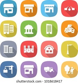 flat vector icon set - shop vector, drawbridge, houses, goverment house, skyscraper, modern architecture, district, palace, outdoor light, loading, sweeper, garden cleaning