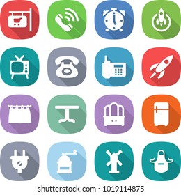 flat vector icon set - shop signboard vector, call, alarm clock, rocket, tv, phone, curtain, table, dresser, fridge, plug, hand mill, windmill, apron