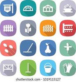 flat vector icon set - shop signboard vector, greenhouse, flower bed, fence, perishable, watering, seeds, rake, pear, scarecrow, farm, bucket, gloves