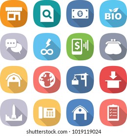 flat vector icon set - shop vector, search document, money, bio, discussion, infinity power, mobile pay, purse, barn, globe, loading, package, rocket start, office phone, clipboard list