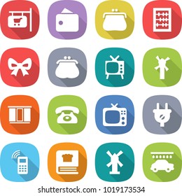 flat vector icon set - shop signboard vector, wallet, purse, abacus, bow, tv, windmill, wardrobe, phone, plug, mobile, cooking book, car wash