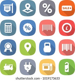 flat vector icon set - shop signboard vector, pointer, percent, sale, calculator, bar code, info, medal, geo pin, heavy, train, plug, grill oven, please clean