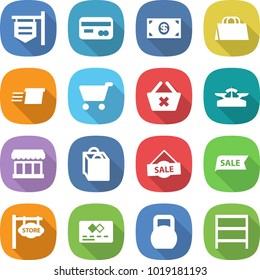 flat vector icon set - shop signboard vector, card, money, shopping bag, delivery, cart, delete, scales, market, sale, store, credit, heavy, rack