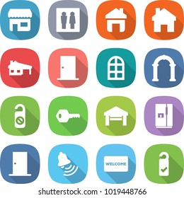 flat vector icon set - shop vector, wc, home, house with garage, door, arch window, do not distrub, key, fridge, bell, welcome mat, please clean