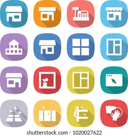 flat vector icon set - shop vector, cashbox, cottage, window, flower in, browser, clean floor, skyscrapers cleaning, wiping