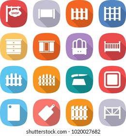 flat vector icon set - shop signboard vector, fence, pallet, chest of drawers, wardrobe, dresser, crib, cutting board, farm