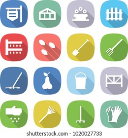 flat vector icon set - shop signboard vector, greenhouse, flower bed, fence, watering, seeds, shovel, fork, rake, pear, bucket, farm, sow, gloves