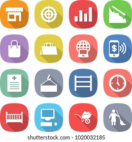 flat vector icon set - shop vector, target, graph, crisis, shopping bag, notebook globe, phone pay, recipe, loading crane, rack, watch, crib, computer, wheelbarrow, brooming