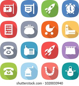 flat vector icon set - shop signboard vector, rocket, alarm clock, abacus, purse, baby stroller, church, phone, curtain, hand mill, horseshoe, apron