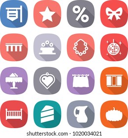 flat vector icon set - shop signboard vector, star, percent, bow, bridge, flower bed, hawaiian wreath, disco ball, restaurant, heart pendant, curtain, wardrobe, crib, cake, jug, pumpkin