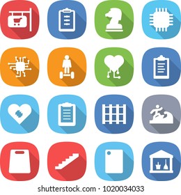 flat vector icon set - shop signboard vector, clipboard, chess horse, chip, hoverboard, cardio, pacemaker, pallet, surfer, cutting board, stairs, utility room