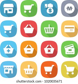 flat vector icon set - shop vector, cart, money gift, crypto currency, basket, credit card, add to, remove from, delete