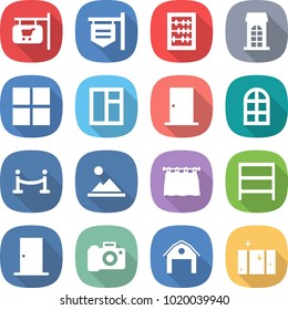 flat vector icon set - shop signboard vector, abacus, building, window, door, arch, vip fence, landscape, curtain, rack, camera, barn, clean