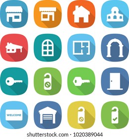 flat vector icon set - shop vector, home, mansion, house with garage, arch window, plan, key, do not distrub, door, welcome mat, please clean