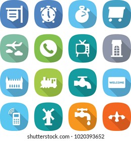 flat vector icon set - shop signboard vector, alarm clock, stopwatch, delivery, journey, phone, tv, building, gothic architecture, train, water tap, welcome mat, mobile, windmill