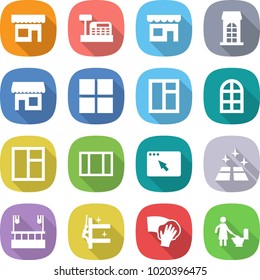flat vector icon set - shop vector, cashbox, building, window, arch, browser, clean floor, skysrcapers cleaning, skyscrapers, wiping, toilet