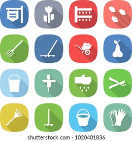 flat vector icon set - shop signboard vector, perishable, watering, seeds, fork, rake, wheelbarrow, pear, bucket, scarecrow, sow, pruner, gloves