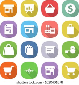 flat vector icon set - shop vector, presentation, basket, dollar coin, account balance, store, shopping bag, atm receipt, port, cart, plane