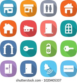 flat vector icon set - shop vector, wc, home, house with garage, door, arch window, key, do not disturb, fridge, bell, welcome mat