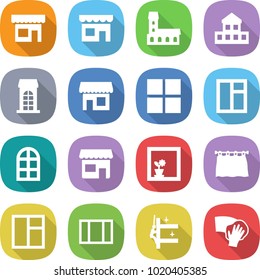 flat vector icon set - shop vector, mansion, cottage, building, window, arch, flower in, curtain, skyscrapers cleaning, wiping